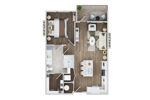 Floor plan for 1 bed, 1 bath, 730 sqft